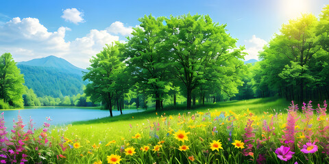 Idyllic nature summer landscape assorted colorful flowers with green foliage of trees. 3D Illustration. Fantasy Art. Digital Art