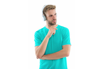 caucasian man in music headphones at studio. photo of man in music headphones.