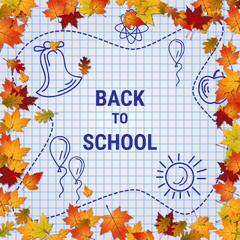 Back to school, education autumn style vector background. Paper sheet background with colorful autumn leaves and drawings