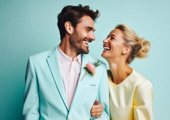 A beautiful couple just got married. They are happy and smiling, dressed in elegant pastel-colored suits. Generative AI.