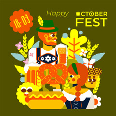 Illustration for Oktoberfest! 
Image of a German woman and man in traditional costumes surrounded by lots of beer. 
Magical artwork that will take you to the heart of the holiday. Cheers!

