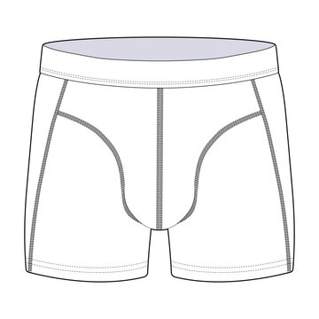 Boxer briefs front view fashion flat sketch for Tech Pack. Waistband, CAD drawing, black and white, vector graphics for garment production apparel brand, underwear for men