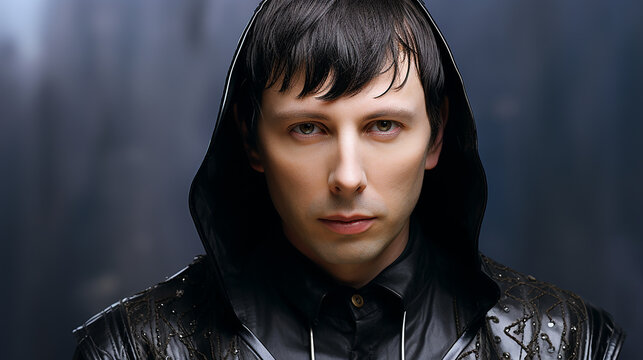 Retrato de um homem vestido com armadura de esgrima hist&oacute;rica preta e m&aacute;scara de capacete protetor de esgrima com uma longa espada afiada medieval preparada para ataque agressivo