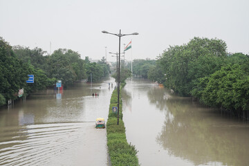 New Delhi, India-07-13-2023: Drone view of flooded streets after Yamuna River started overflowing...