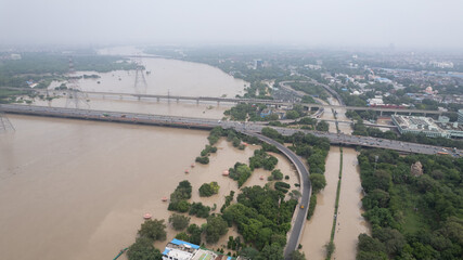 New Delhi, India-07-13-2023: Drone view of flooded streets after Yamuna River started overflowing...