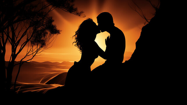 silhueta de casal dando beijo em por do sol, amor e prazer 