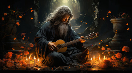 Imagem mística de um velho tocando violão, uma imagem antropomórfica da morte em uma nebulosa brilhante - obrazy, fototapety, plakaty