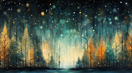 Abstract Christmas theme artwork with pine trees in glowing light and snow flakes. 