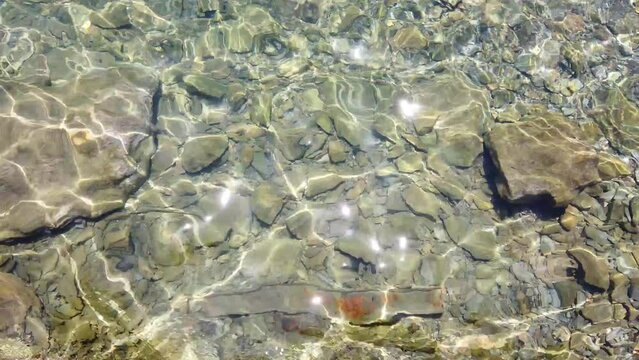 Pebbles reflecting the sunlight in shallow water