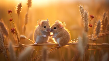 Abstract wheat field with a cute pare of mice hugging each other. Love and friendship concept. Sunset light. Golden color background. Generative AI