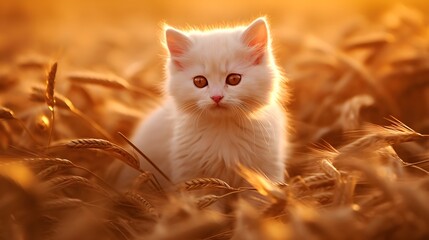 Naklejka na ściany i meble Abstract wheat field with a cute kitten. Warm bright summer day. Cuteness and warmth concept. Sunset light. Golden color background. Generative AI