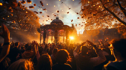 Large Crowd enjoying a Festival at Sunset, Generative AI