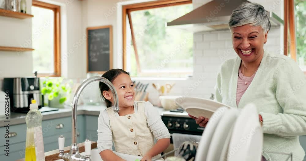 Poster Happy, grandmother and child washing dishes with help, teaching and learning from a senior. Smile, support and an elderly woman and a girl kid cleaning the kitchen together in a house for routine