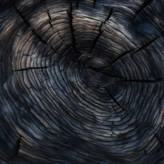 black burnt textural cut of a tree with annual rings, generative ai