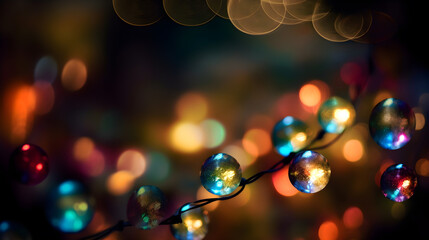 abstract festive background with colorful garland of round glass balls with bokeh on dark background, generative ai