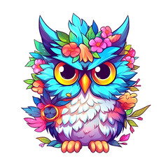 Fototapeta premium owl on a branch in flowers, transparent background, png, t-shirt design, sticker, clipart, Generative AI, Generative, AI,