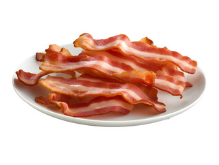 crispy fried bacon slices on plate on white background, clipart isolated on transparent background, generative ai