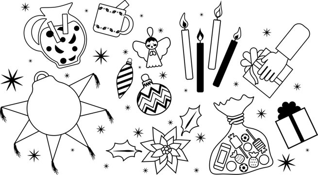 Vector. Iconos de posadas, como el aguinaldo, ponche, pi&ntilde;ata, intercambio de regalos, etc. Celebraci&oacute;n tradicional religiosa previa a Navidad.