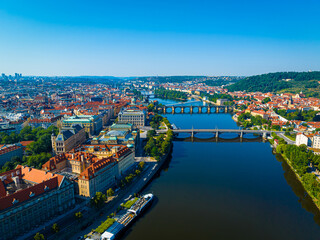 Fototapeta na wymiar Aerial view of Prague, a capital city of the Czech Republic, is bisected by the Vltava River, Europe