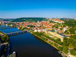 Fototapeta na wymiar Aerial view of Prague, a capital city of the Czech Republic, is bisected by the Vltava River, Europe