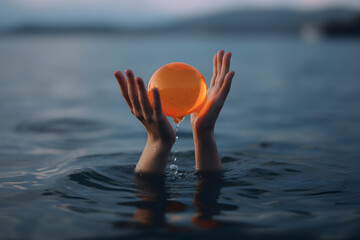 Orange transparent gel-like sphere between two hands coming out of the water