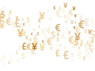 Euro dollar pound yen gold icons scatter currency vector background. Forex concept. Currency