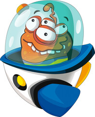 Cartoon alien creature on a ufo space ship or star ship transportation isolated illustration for kids
