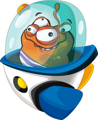 Cartoon alien creature on a ufo space ship or star ship transportation isolated illustration for kids