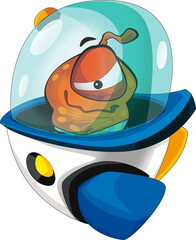 Cartoon alien creature on a ufo space ship or star ship transportation isolated illustration for kids