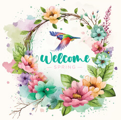 Hello Spring flower and bird watercolor paint ilustration