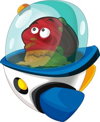Cartoon alien creature on a ufo space ship or star ship transportation isolated illustration for kids