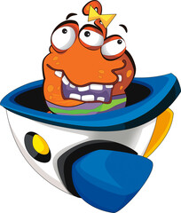 Cartoon alien creature on a ufo space ship or star ship transportation isolated illustration for kids