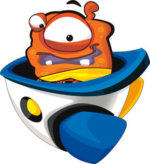 Cartoon alien creature on a ufo space ship or star ship transportation isolated illustration for kids