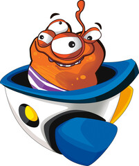 Cartoon alien creature on a ufo space ship or star ship transportation isolated illustration for kids