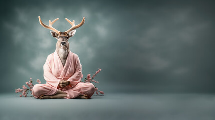 Calm looking deer or elk wearing simple clothes, sitting on ground in lotus like position. Few flowers near. Zen meditation concept. Wide banner with space for text at side. Generative AI