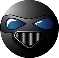 Round emoticon in a black mask, black gas mask and goggles for protection. Respiratory protection against viruses and hazardous substances. Isolated vector on white background
