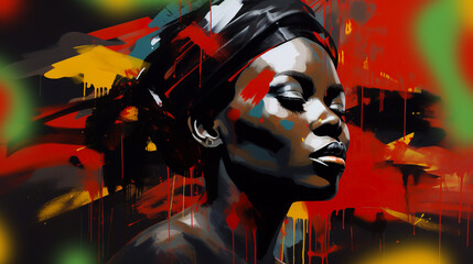 Black History Month beautiful black woman on an abstract paint splattered background racial equality and justice celebration image red yellow green banner - obrazy, fototapety, plakaty