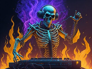 Skeleton DJ on Fire. Generative AI
