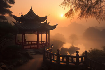 Fototapeta premium Beautiful Japanese temple landscape at dusk.