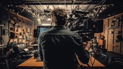Fototapeta na wymiar A Cameraman shooting, filming process in the studio film set