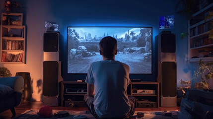 A happy young man playing gaming console at home