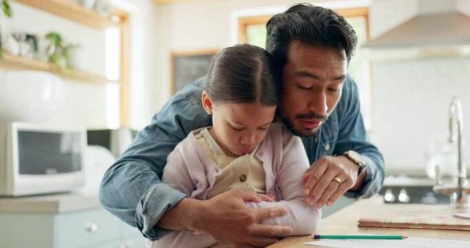 Care, advice and father with girl for support with hug for upset youth with communication in home. Parent, talking and kid who is sad in kitchen with love or discipline with comfort for young person.