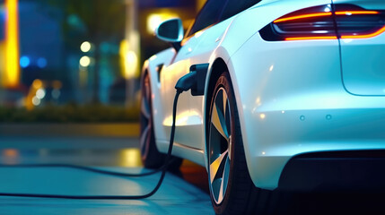 Close-up of charging an electric car at the charging station
