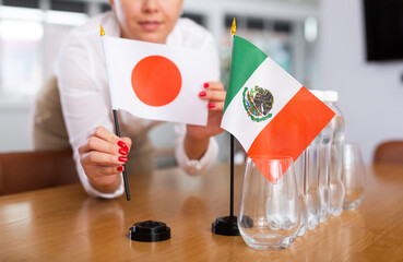 Unrecognizable woman preparing room for international negotiations and communication discussions of...