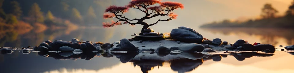 Fototapeten Small bonsai tree on stone surrounded by moss and water, on water, symbolizing balance and mindfulness, created with Generative AI technology © MindShiftMasteryHub