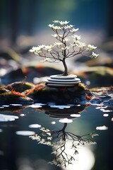 White flower grow out of zen stone pile in pond in forest, zen buddhism image with water reflection, created with Generative AI Technology - obrazy, fototapety, plakaty