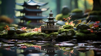 A serene pond with a peaceful asian temple in the center, radiating tranquility and inviting mindfulness, created with Generative AI technology - obrazy, fototapety, plakaty