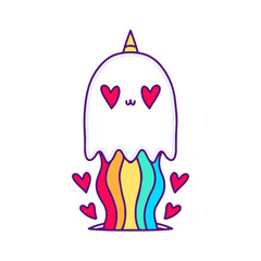 Cute funny ghost character on rainbow. Vector hand drawn cartoon kawaii character illustration. Cute monster cartoon mascot concept.