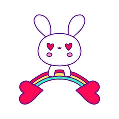 Kawaii bunny chill out on rainbow, illustration for t-shirt, sticker, or apparel merchandise. With doodle, retro, and cartoon style.