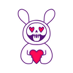 Lovely skull in bunny costume holding heart symbol, illustration for t-shirt, sticker, or apparel merchandise. Retro cartoon,